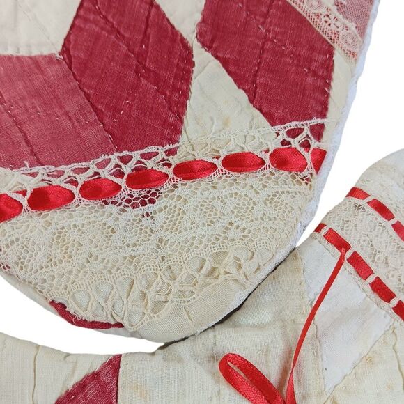 Christmas Stocking Set Vintage Quilt and Lace Two Red Cream Cottage Farmhouse - Picture 10 of 16